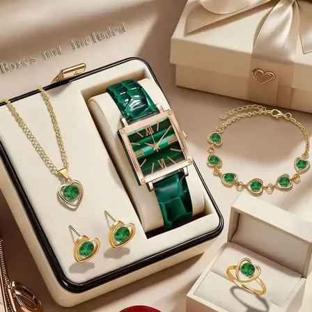 Set 6 Piezas Reloj Cuarzo Cuadrado Y Joyas Mujer Verde