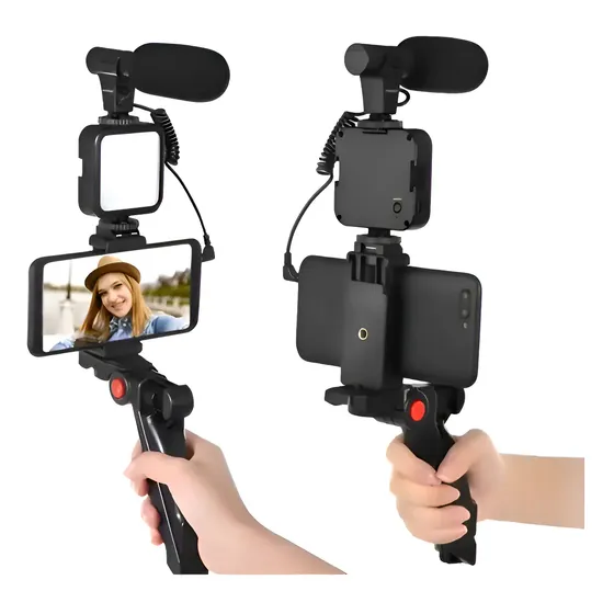 Estabilizador AY-49 Celular Kit Grabación Trípode Micrófono Led Color Negro