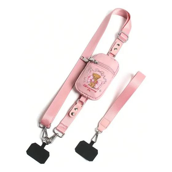 Lanyard Para Celular Con Oso Rosa 3 En 1 Y Tarjetero