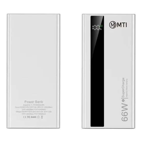 Cargador Portátil power bank mti pb720 20000 mAh Carga Rápida 2 USB 5V blanco