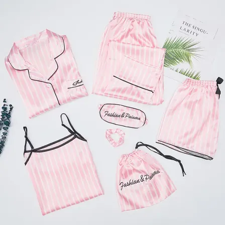 Pijama Conjunto 7 Piezas Satén Seda Mujer Importado 07 Rosa Rayado L (s Acá)