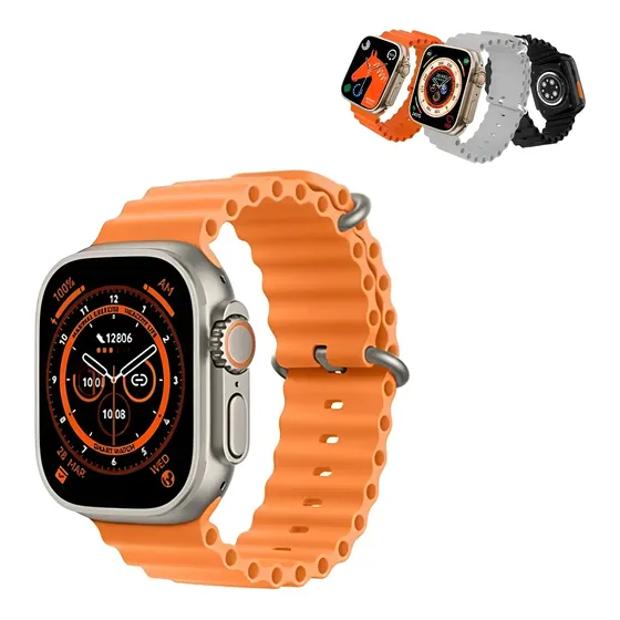 Smart Watch T900 Ultra Smartwatch negro, 49 mm, Android Ios, carcasa plateada, pulsera naranja, bisel plateado, diseño de pulsera de malla