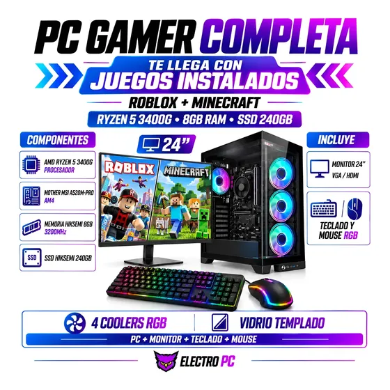 Pc Armada Gamer Amd Ryzen 5 3400g Monitor 24 + Combo Gamer