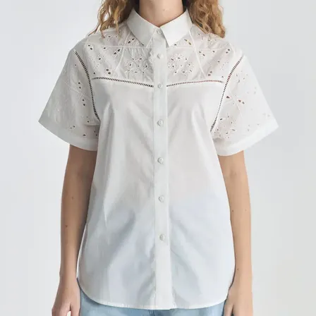 Camisa Broderie Algodón Manga Corta Mujer Desiderata Off-white Liso 02