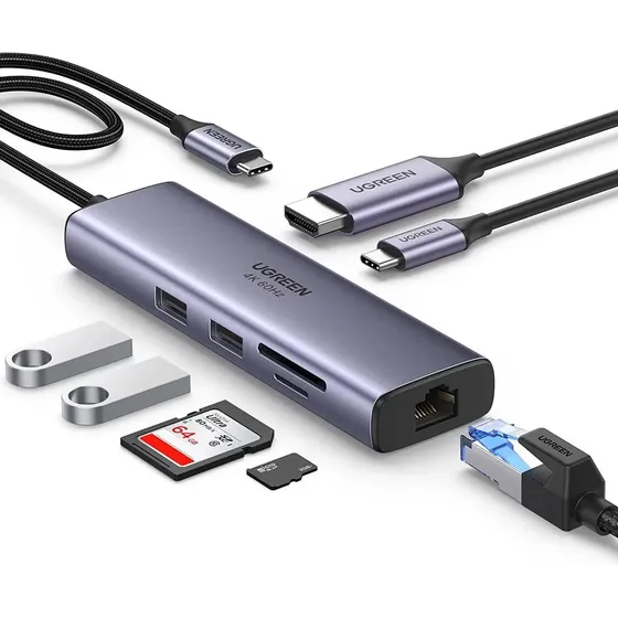 Hub USB Multipuerto Ugreen- 7 en 1 - Usb C + HDMI + 2 puertos Usb 3.0 + Rj45 Gagibt 100W + SD y Micro SD - 4K 30Hz - Carcasa Aluminio - Premium Para Teclado / Disco rigido / Mac - CM512-60515