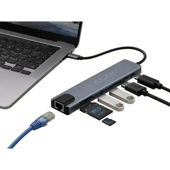 Hub Adaptador Usb-c Multipuertos 8 En 1 Alni An-hub02 Entradas Usb A 3.0 5gbps Type C Pd Hdmi 4k Sd/tf 2.0 Rj45 Cable 0.15 Metros Color Gris Espacial Mac Xbox Ps4 Pc Android