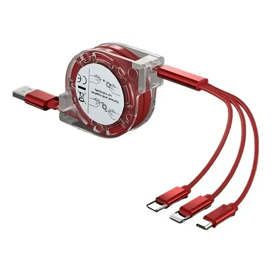 Cable Usb 3 En 1 Retractil Tipo C Lightning Micro Rojo Rojo Rojo