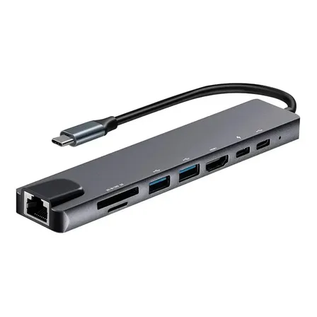 Adaptador Hub 8 En 1 Usb-c Ethernet Hdmi Usb X3 Thunderlbolt Plateado