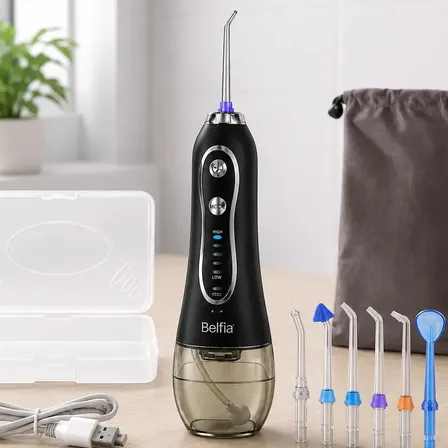Irrigador Bucal oral Ducha Dental Water Hf-6 Belfia con 5 Niveles 8 Picos USB recargable 300 ML de agua ideal para brackets implantes mal aliento cuidado de encias