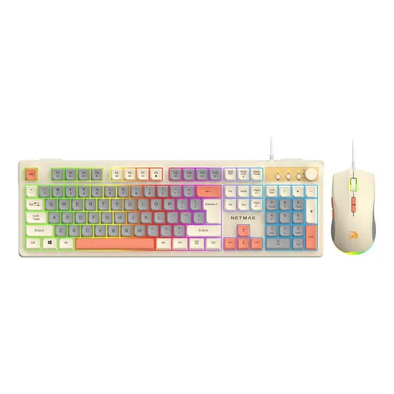 Combo Teclado Y Mouse Netmak Minimalista Led Beige Pc Usb