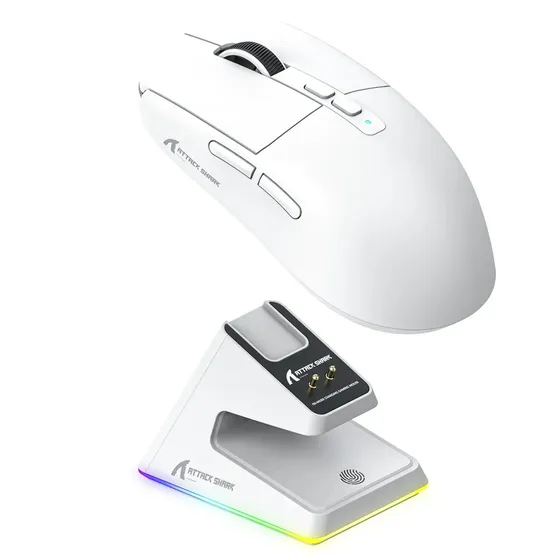 Attack Shark X6 Mouse Gamer Inalámbrico Recargable, Paw3395 Sensor Óptico, 1k Hz, 26000dpi Raton Gamer Con Base De Carga Magnética Rgb, Botones Programables, 2.4 Ghz/bluetooth/usb-c, Blanco