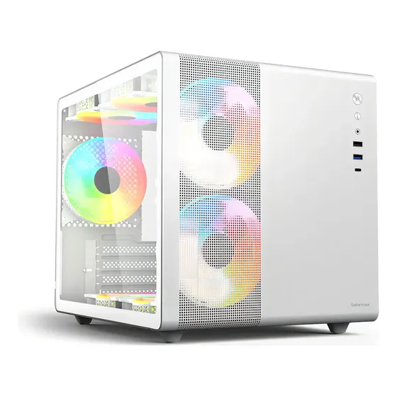 Gabinete Gamer Cubo Solarmax Cm-w300 Con Lateral De Vidrio Templado Frente Mesh Y 3 Coolers Rgb Color Blanco