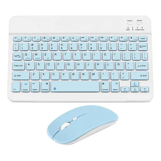 Combo Teclado y Mouse Bluetooth Color CELESTE - Apto Celular Tablet Notebook Android iOS Mac Windows Kit