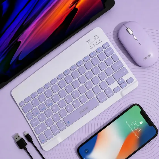 Combo Teclado + Mouse ZTECNO Bluetooth VIOLETA - Kit Inalámbrico Notebook Celular Tablet Android Mac Windows