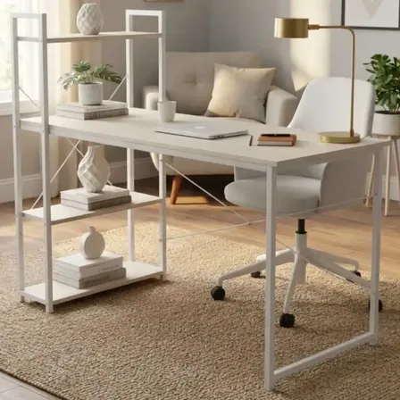 Escritorio Mtl Con Estantes Laterales Integrados Moderna Oficina Home Office Laptop Mesa Pc Compacta Con Espacio De Almacenamiento Diseño Minimalista Funcional Estudio Trabajo Blanco