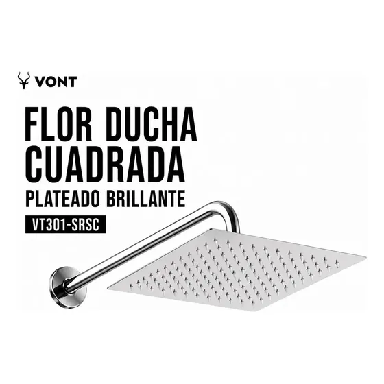 Flor Ducha 20 X20 Cuadrada Combo + Brazo De 30cm Vont Vt301 Plateado Brillante