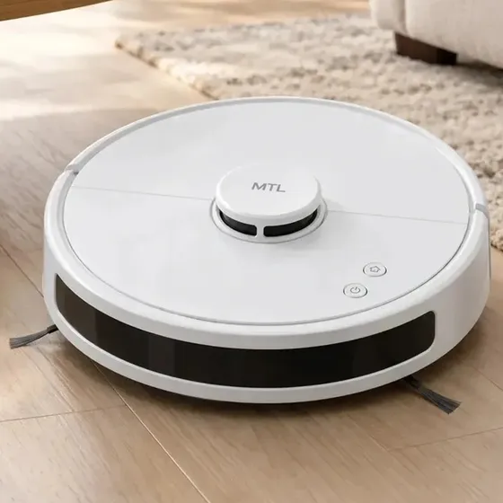 Aspiradora Robot Mtl Automática Recargable Para Limpieza Del Hogar Pisos Alfombras Polvo Pelusas Escobillas Laterales Sensores Antichoque Diseño Compacto Moderno Silencioso Fácil Uso Diario Blanco