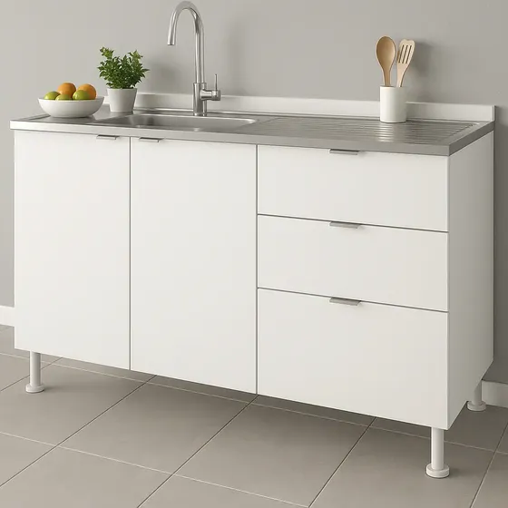 Bajo Mesada Cocina 140 Cm Melamina Blanco Bajomesada 2 Puertas 3 Cajones Tiradores Aluminio CTB140 Dielfe