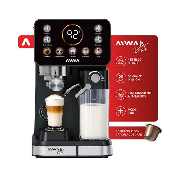 Cafetera Expreso AIWA Cook Automática 20 Bar 1350W Panel Digital Touch Deposito De Agua 1.5 Litros Deposito De Leche 500 ml 4 Estilos De Cafe Modo Frio Compatible Capsulas Espumador Integra