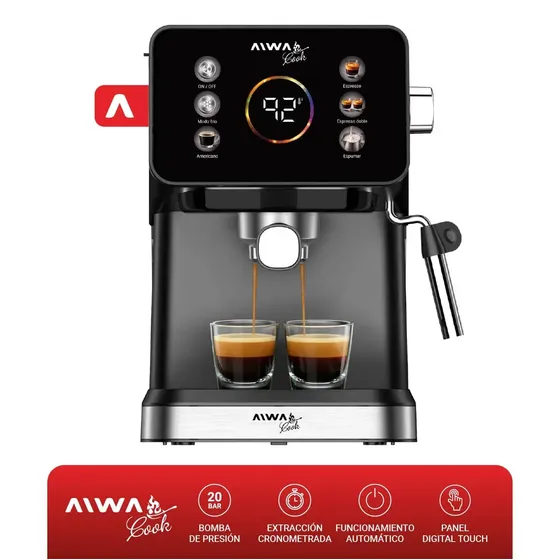 Cafetera Expreso Aiwa Cook AWK-CE500N Automática 20 Bar 1050W Panel Digital Táctil Deposito De Agua 1.5 Litros Diferentes Estilos De Café Modo Frio Espumador Vaporizador De Leche Calentador De Tazas