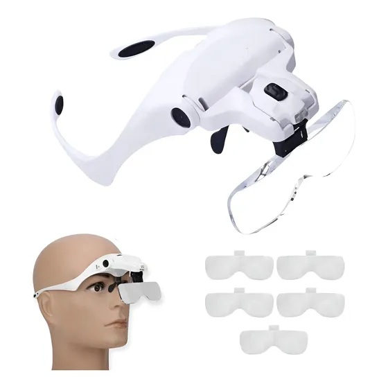 Lupa 5 Lentes Amplificador Con 2 Led Vincha Anteojo Blanco