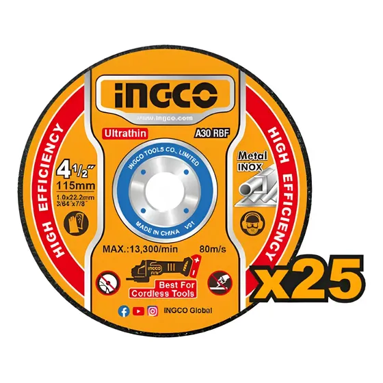 Set 25 Discos Corte Ultrafino 4 1/2'' Metal E Inox Ingco Naranja