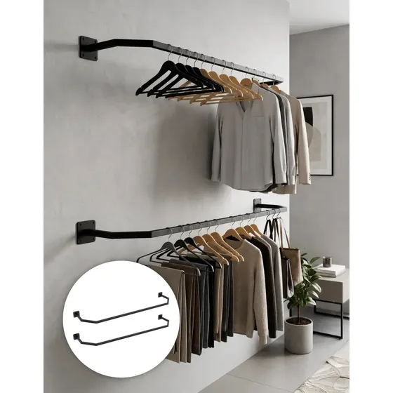 Perchero Barral Reforzado Exhibidor Organizador Ropa X2 De Pared Comercial Para Local Perchas Acero Negro Cintek
