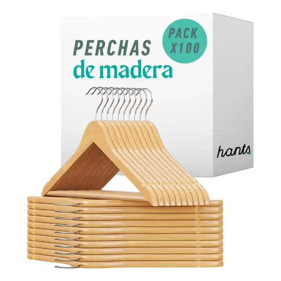 Perchas Madera Lustrada Hants Pack 100 Uds Gancho Giratorio Natural 44cm