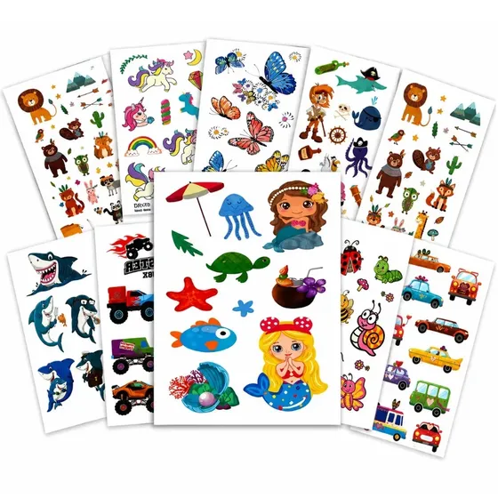 Pack X50 Planchas Tatuajes Temporales Infantiles Mosharma 9 Temas Surtidos Piñata Souvenirs Cotillón Cumpleaños Fiesta Bolsitas Sorpresa