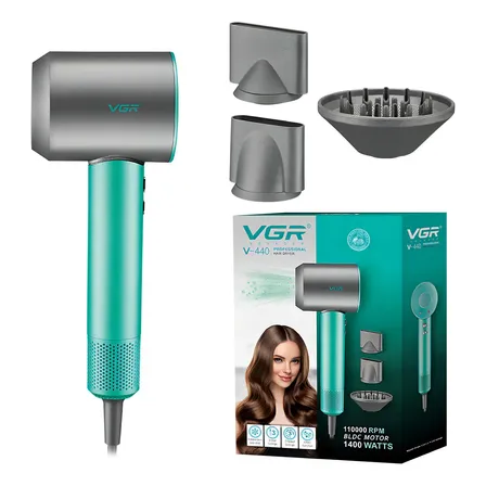 Secador De Pelo Profesional VGR V-440 1400W BLDC Iónico Con Difusor Verde