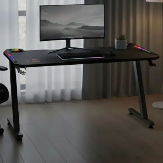 Escritorio Gamer Pc Con Luces Led Rgb Noxi Color Negro Fibra De Carbono 120x73x60cm Mesa Gaming Madera