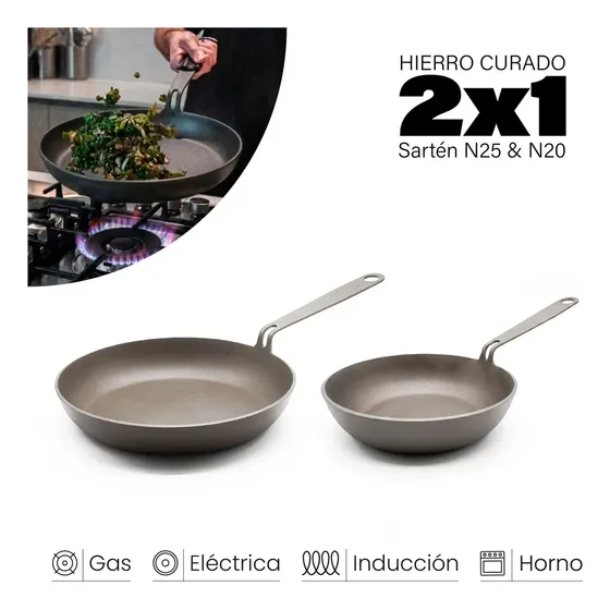 Set x2 Sartenes De Hierro Kankay N20 N25 Precuradas Pieza Única Antiadherente 25cm y 20cm Ideal Horno Hornalla Fuego Directo