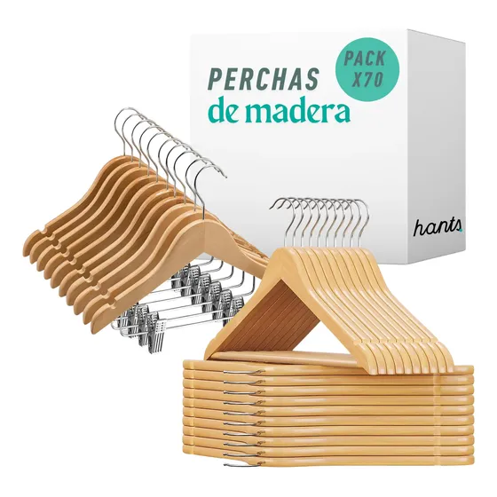 Pack X70 50 Perchas Madera Lustrada 20 C/ Broches X Mayor