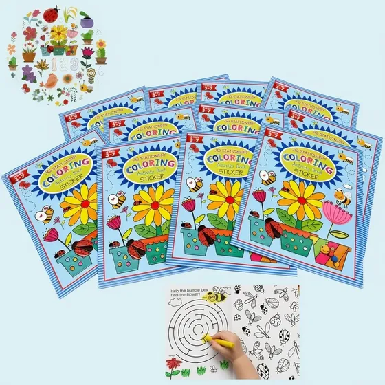 Souvenir Set X12 Libros Colorear Stickers Flores Animales