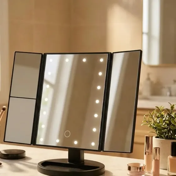 Espejo Mtl Tríptico Con Luz Led Iluminación Portátil Base Reforzada Ideal Maquillaje Profesional Rutinas Belleza Cuidado Facial Tocador Dormitorio Baño Negro Diseño Moderno Elegante Compacto Práctico