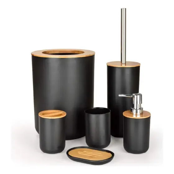 Set De Accesorios De Baño 6 Piezas En Bambú Elegante Color Negro Waggs Accb07