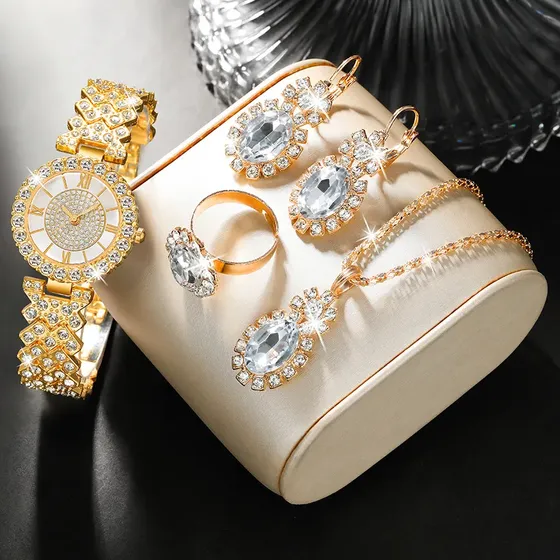 Set 5 Piezas Reloj Y Joyas Con Strass Mujer Dorado