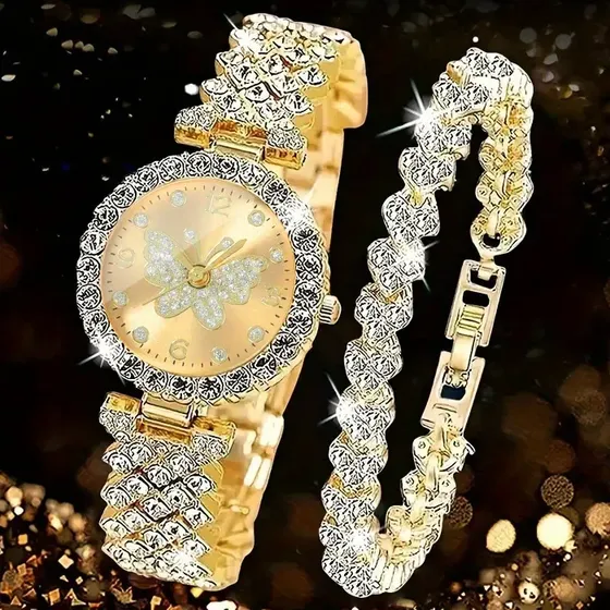 Reloj Cuarzo Mariposa 2 Piezas Con Pulsera Mujer
