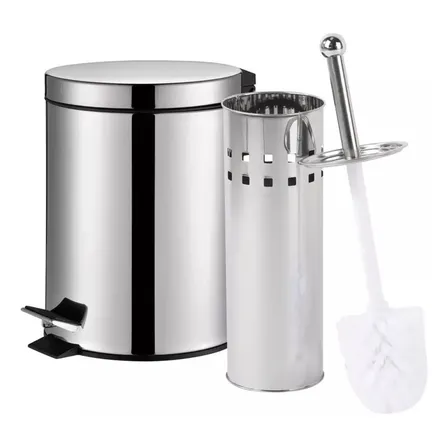 Set Tachos De Basura 3 Lts Y Escobilla Baño Acero