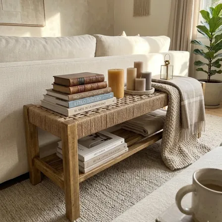Banco Pie De Cama Madera Y Kraft Tejido Nórdico 0,80 Ancho Lijado / Cetol Natural