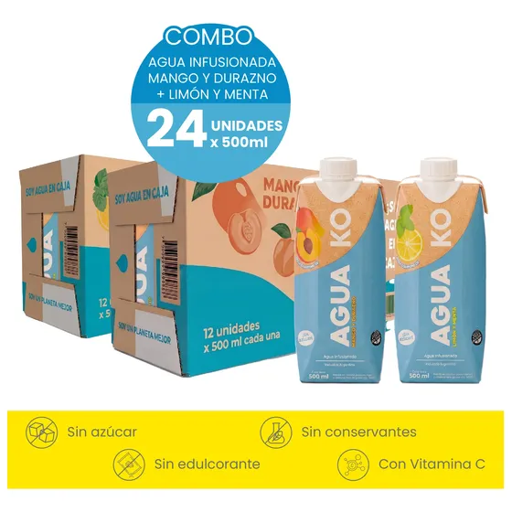Ko Agua Combo 24u 500ml Sabor Mango Durazno - Limón Menta
