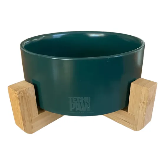Comedero Bebedero Cerámico Base De Madera Gato Perro 15.5cm