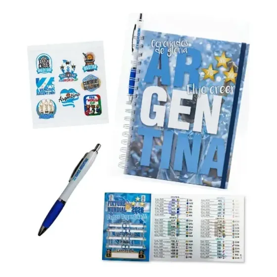 Kit Mundial: Cuaderno A5 + Birome + Stickers + Fixture 2026