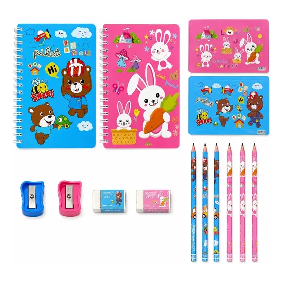 Mini Set Escolar Primaria Cuaderno Lapices X 2 Unidades Azul Rosa Veoquiero
