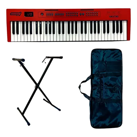 Teclado Órgano 61 Teclas Sunset Sk230 + Funda + Soporte Rojo