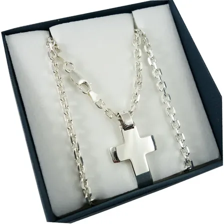 Cadena Forcet 4mm Y Cruz Maciza Gruesa Hombre Plata 925 Plata 925