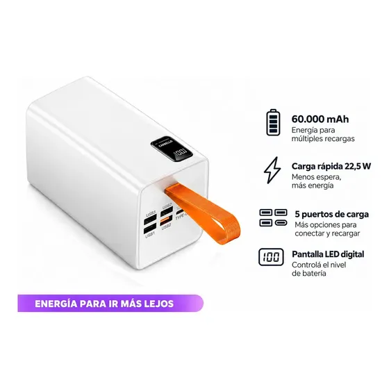 Power Bank Carrello Ca-369 60000mah Carga Rápida 22.5w Batería Externa Portátil Usb-c Para Celular iPhone Samsung Xiaomi