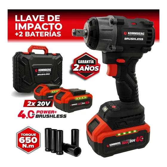 Llave Impacto Inalámb 2baterias 20v Brushless 650nm Kommberg