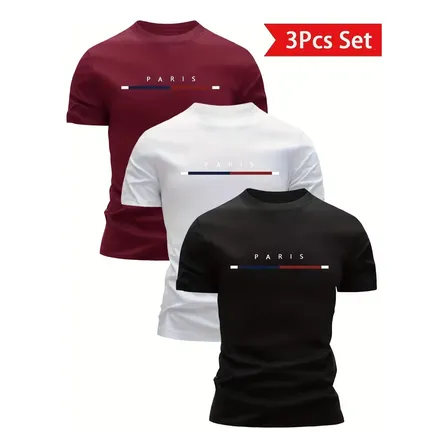 Pack 3 Remeras Hombre Manga Corta Transpirables Black White Red Plain M Liso