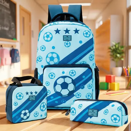 Mochila Escolar Fútbol Infantil 3 En 1 Impermeable Reforzada Lunchera Térmica Cartuchera